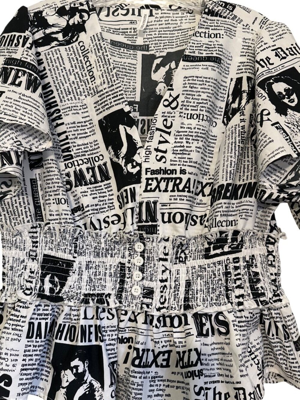 Newspaper Print Peplum Top With Smocked Waist And Button Front - Black & White - - Picture 2 of 6